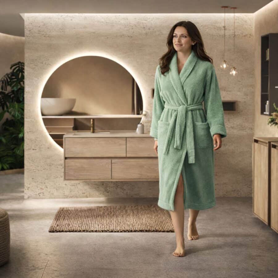 Femme portant un peignoir Comptoir du Bambou vert clair, debout dans une salle de bain spa contemporaine aux lignes épurées.