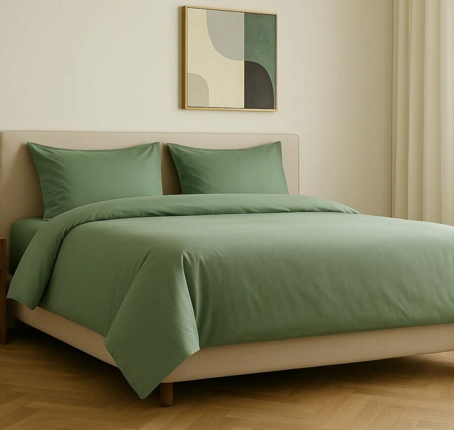 Chambre contemporaine avec linge de lit pistache et tête de lit beige, ambiance chaleureuse et naturelle.