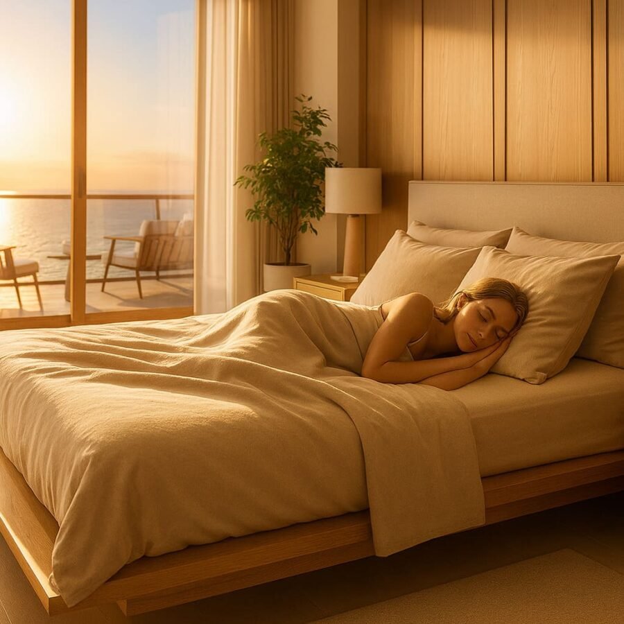 Chambre moderne avec grande fenêtre, plantes vertes et lit habillé de linge de lit ivoire haut de gamme.