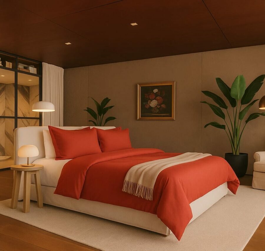Chambre haut de gamme avec housse de couette terracotta et une magnifique plante verte.
