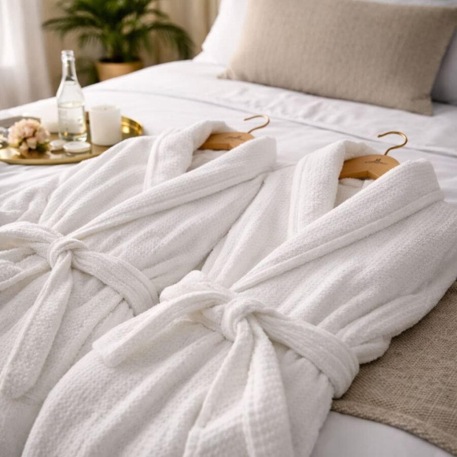 Peignoir haut de gamme type palace parisien, confort et élégance après la douche.