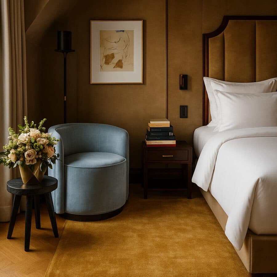 Chambre d’hôtel haut de gamme lumineuse avec lit parfaitement fait en linge blanc, décoration élégante et vue sur la terrasse verdoyante.