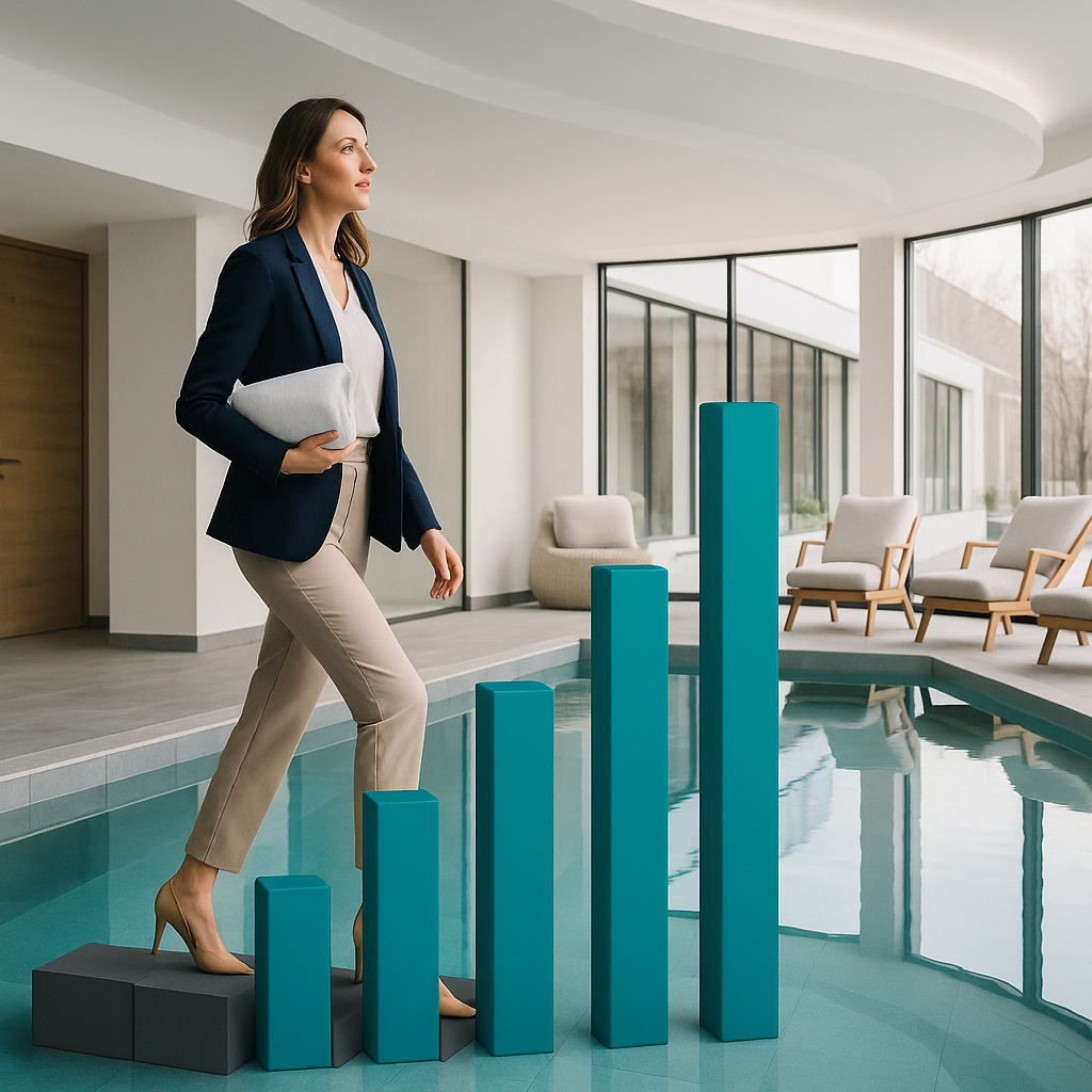 Femme élégante assise sur le bord d’un lit dans une chambre d’hôtel moderne et lumineuse, baignée de soleil. À travers les grandes baies vitrées, on aperçoit un ciel bleu et des immeubles contemporains. L’ambiance est apaisante, haut de gamme et raffinée, symbolisant la sérénité et la maîtrise de sa trésorerie.