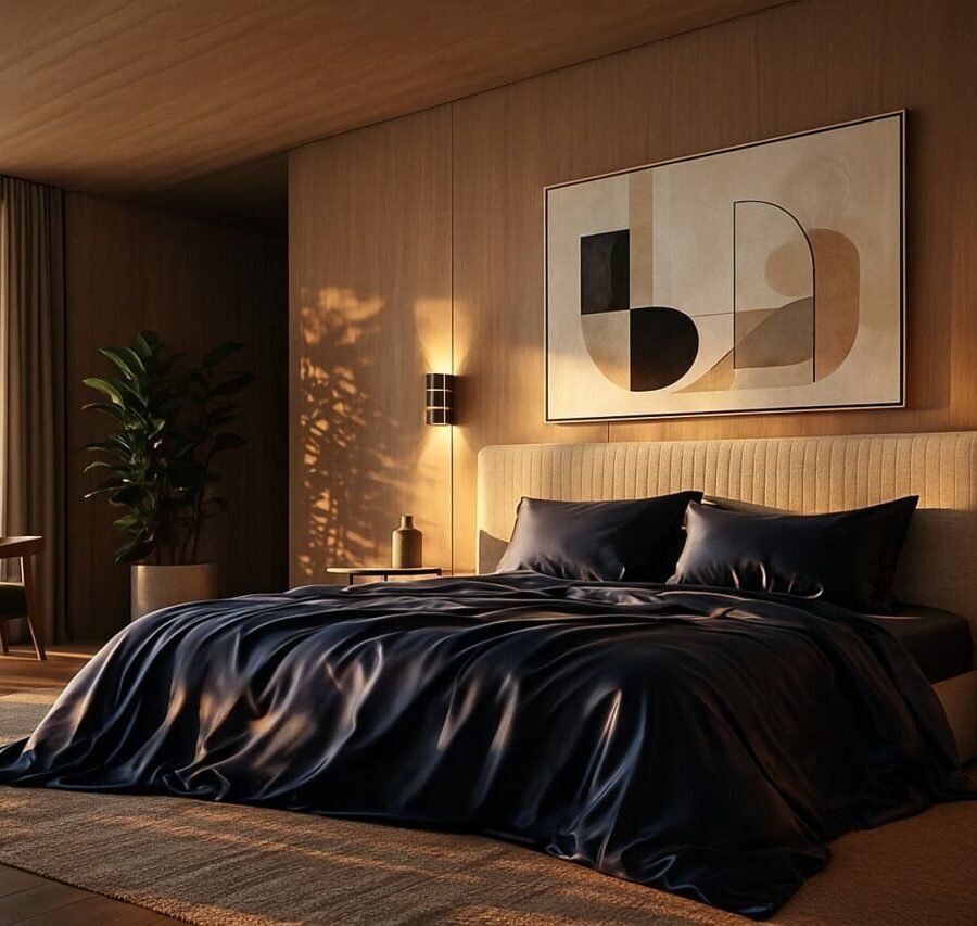 Chambre design avec linge de lit premium en fibre de bambou.