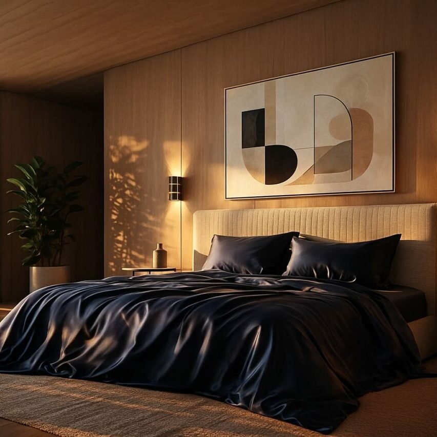 Chambre design avec linge de lit premium en fibre de bambou.