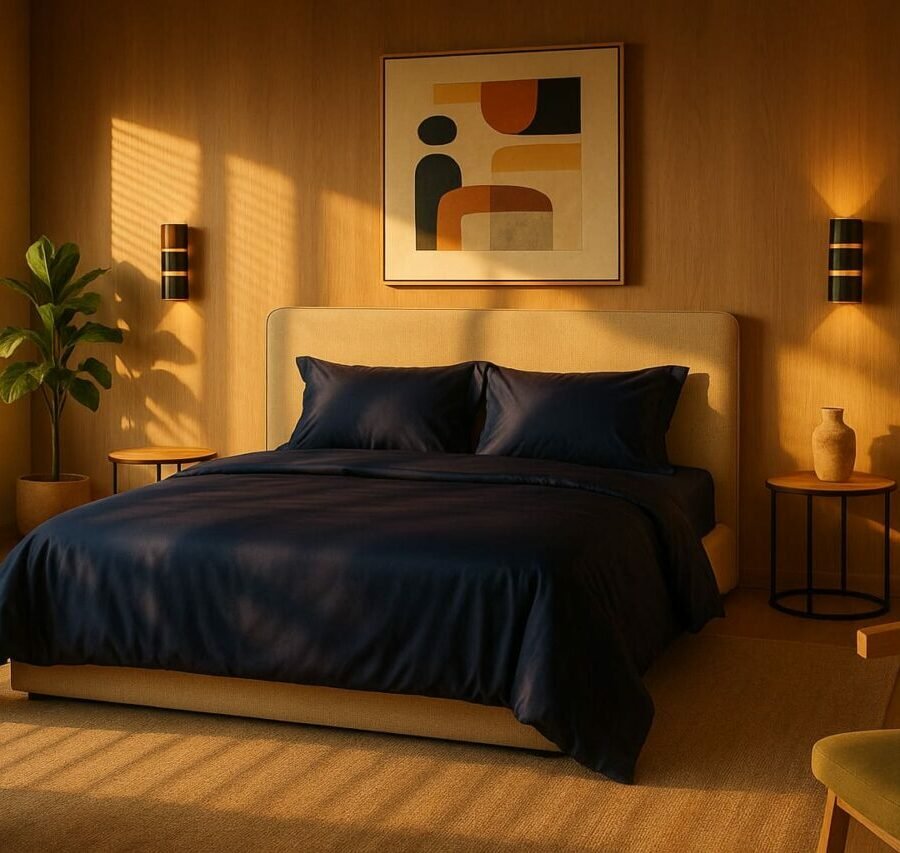 Parure de lit en fibre de bambou bleu nuit dans une chambre moderne et lumineuse.