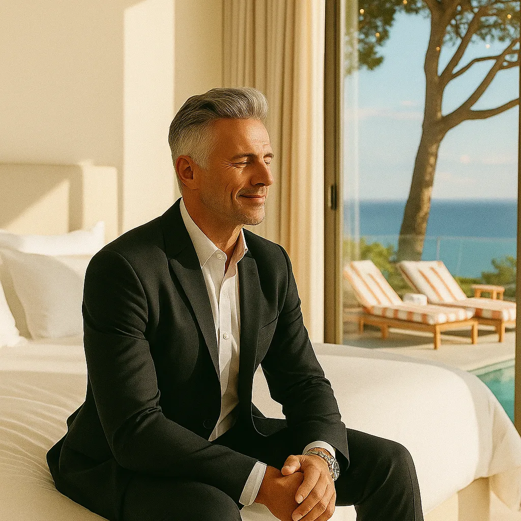Directeur d’hôtel élégant assis sur le bord d’un lit, souriant paisiblement face à la lumière du soleil couchant. À travers la baie vitrée, on aperçoit une terrasse avec piscine et vue sur la mer Méditerranée. L’atmosphère est calme, luxueuse et inspirante, évoquant la sérénité, la réussite et la confiance.