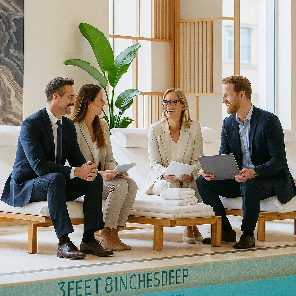 Quatre investisseurs élégants, habillés en tenues professionnelles claires, échangent avec le sourire autour d’une piscine intérieure lumineuse et moderne. L’ambiance est chaleureuse, haut de gamme et détendue, symbolisant la confiance et la réussite de leurs investissements. Les cash flow travaille bien.
