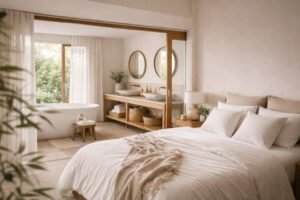 Chambre d’hôtel lumineuse avec lit king size habillé de linge en satin de bambou blanc cassé, ouvert sur un jardin verdoyant.